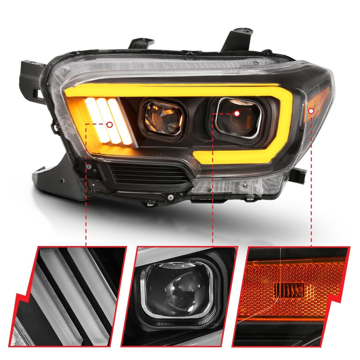 AnzoUSA 111396 Projector Headlights with Plank Style Switchback Black with Amber