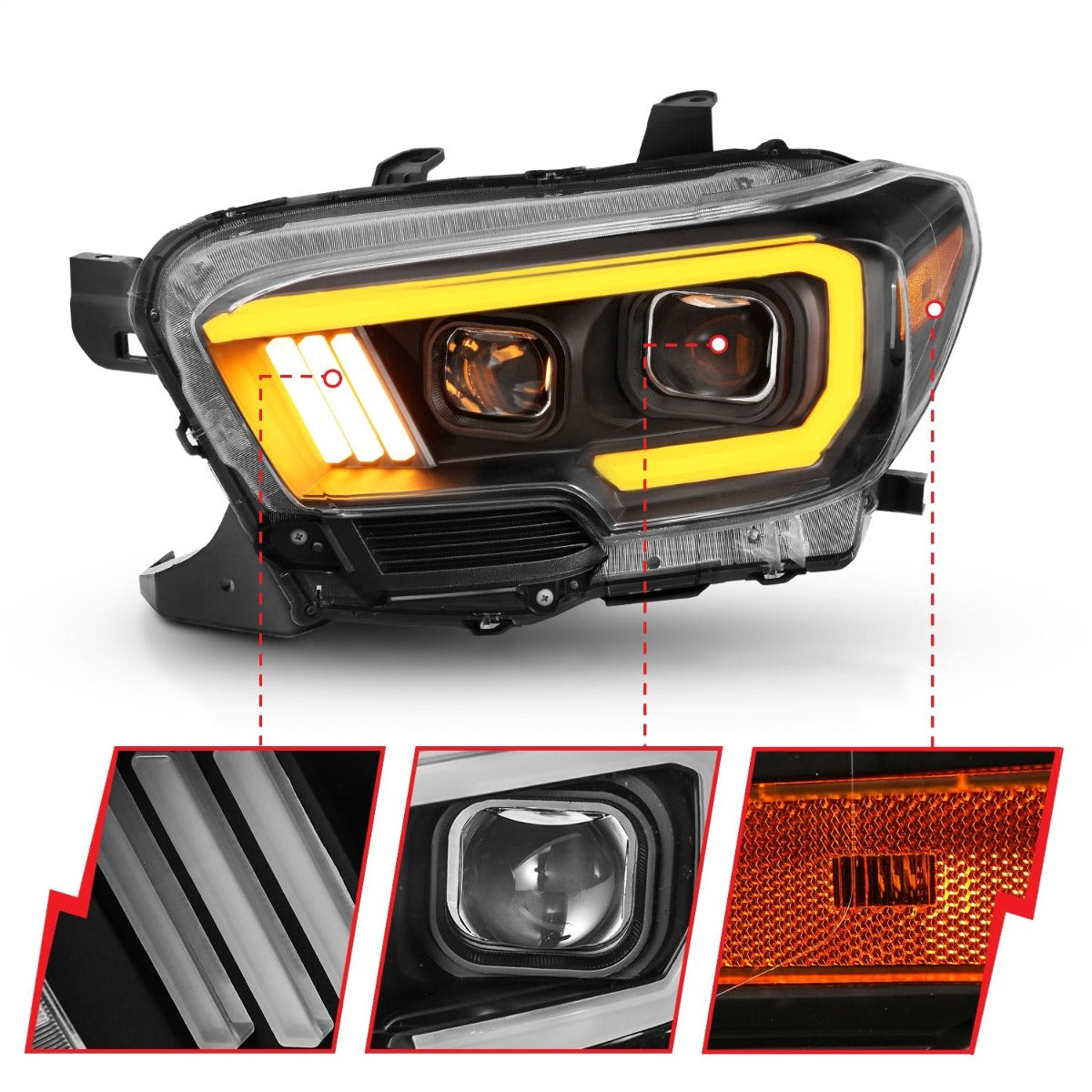 AnzoUSA 111397 Projector Headlights with Plank Style Switchback Black with Amber with DRL