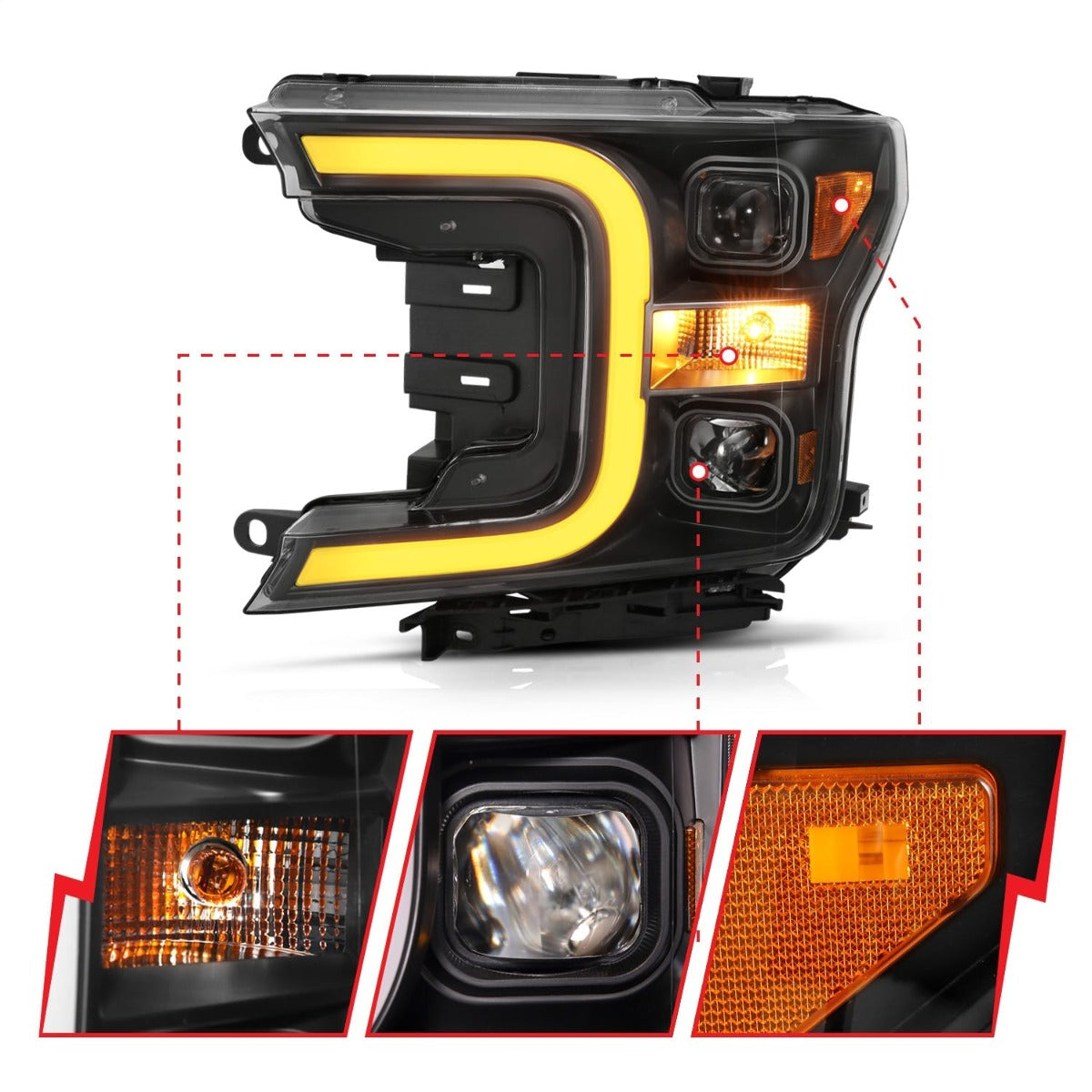 AnzoUSA 111398 Projector Headlights with Plank Style Switchback Black with Amber