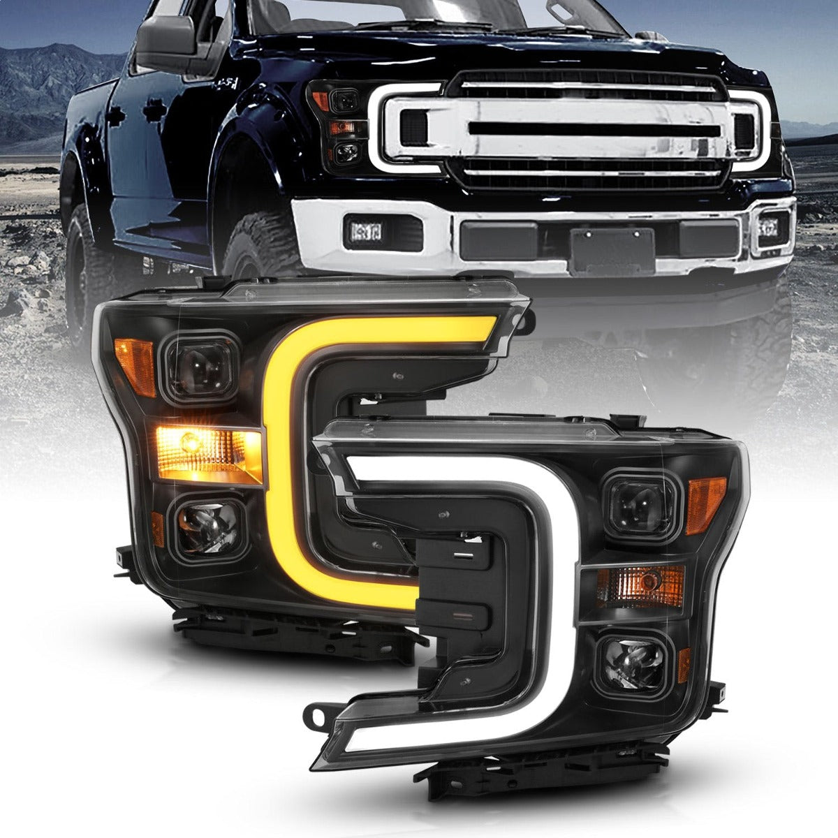 AnzoUSA 111398 Projector Headlights with Plank Style Switchback Black with Amber