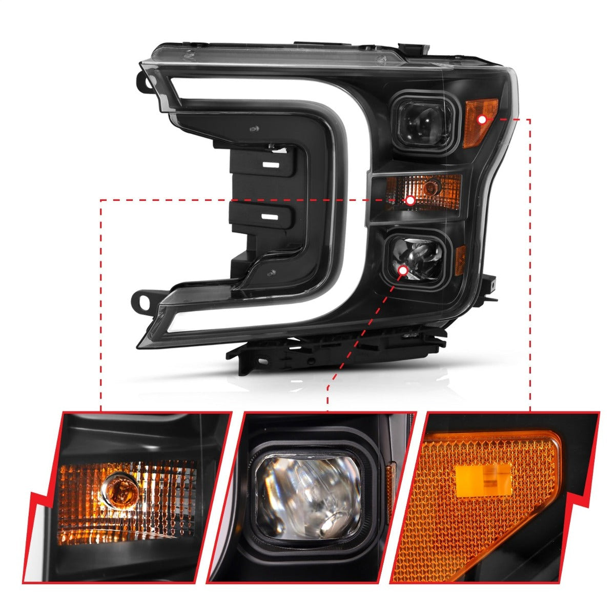 AnzoUSA 111398 Projector Headlights with Plank Style Switchback Black with Amber