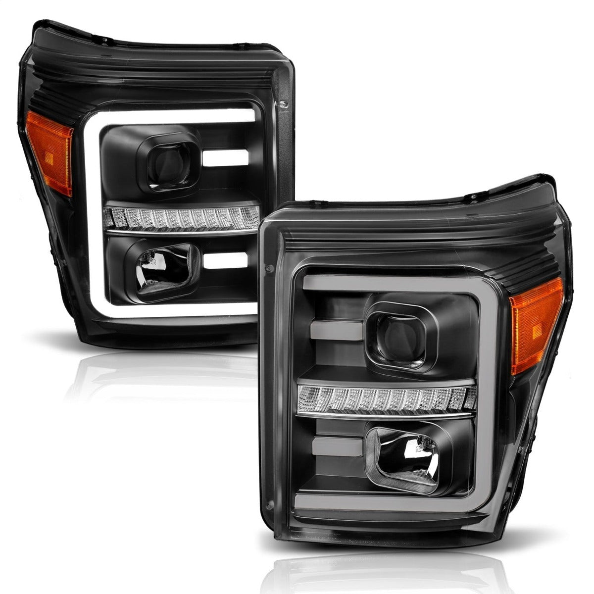 AnzoUSA 111406 Projector Headlights with Plank Style Switchback Black with Amber