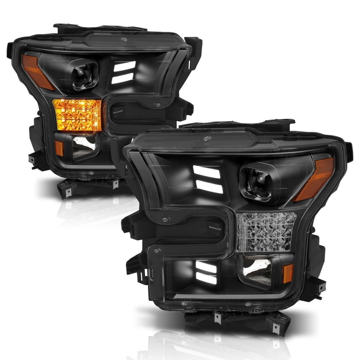 AnzoUSA 111408 Projector Headlights with Plank Style Design Black-Amber Sequential Turn Signal