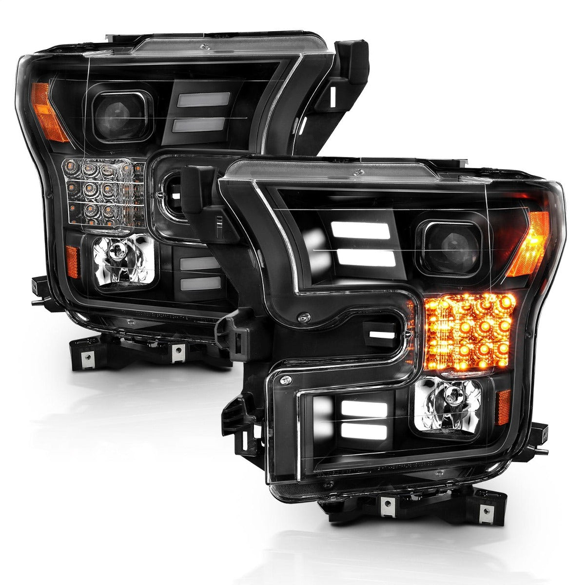 AnzoUSA 111408 Projector Headlights with Plank Style Design Black-Amber Sequential Turn Signal