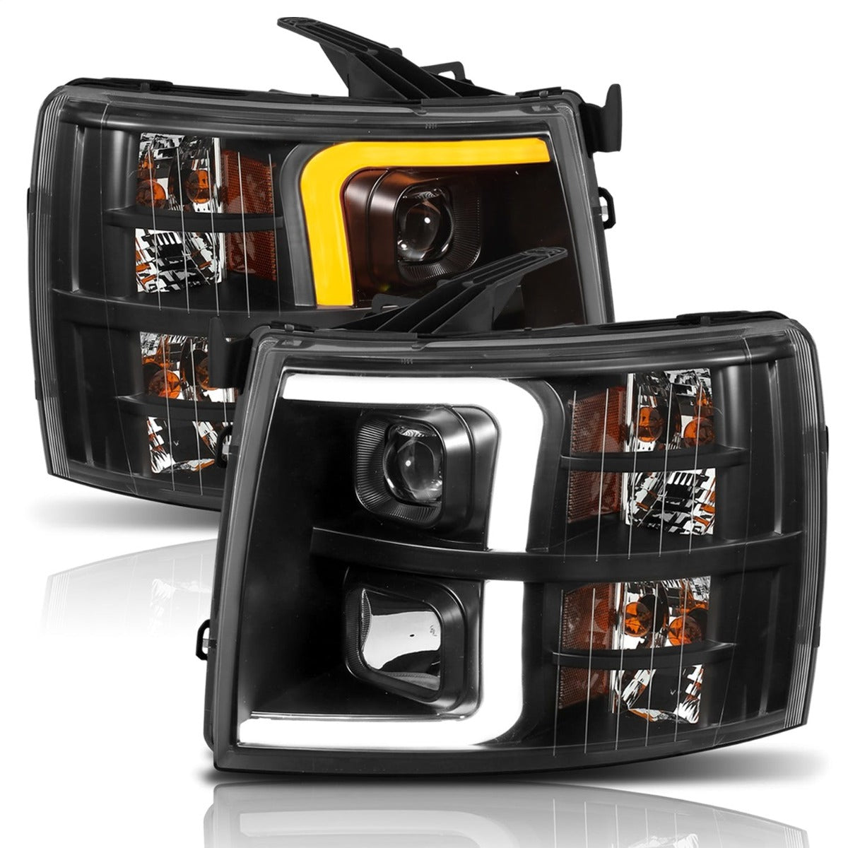 AnzoUSA 111410 Projector Headlights with Plank Style Switchback Black with Amber