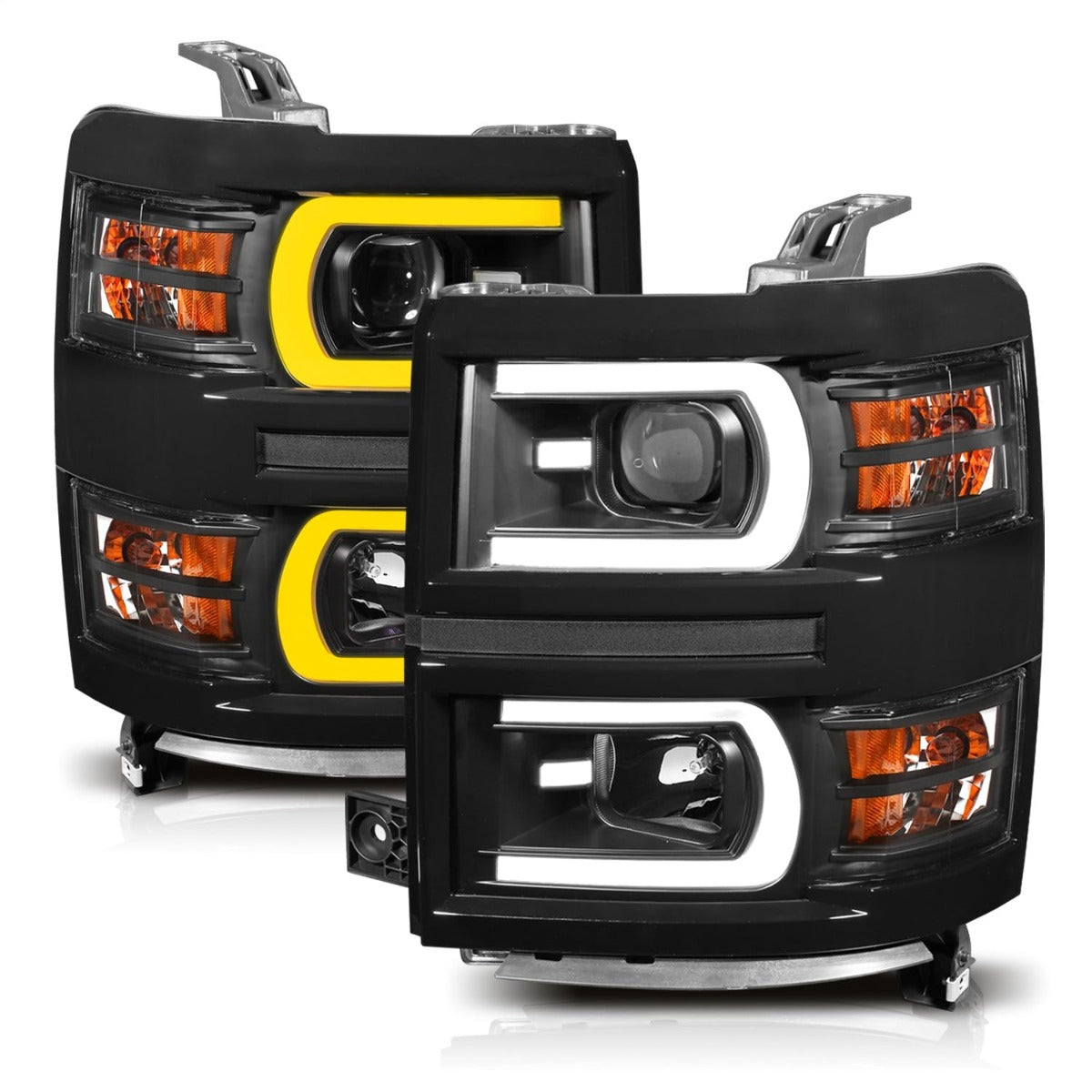 AnzoUSA 111412 Projector Headlights with Plank Style Switchback Black with Amber