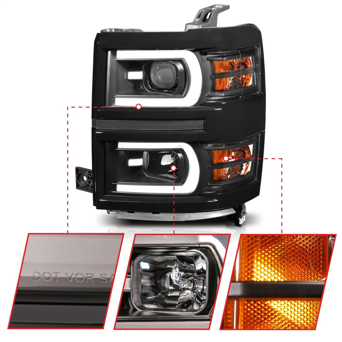 AnzoUSA 111412 Projector Headlights with Plank Style Switchback Black with Amber