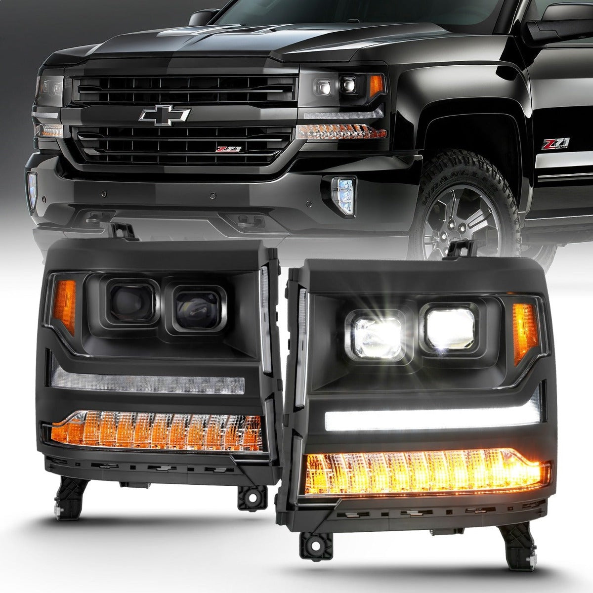 AnzoUSA 111420 LED Projector Headlights with Plank Style Black with Amber