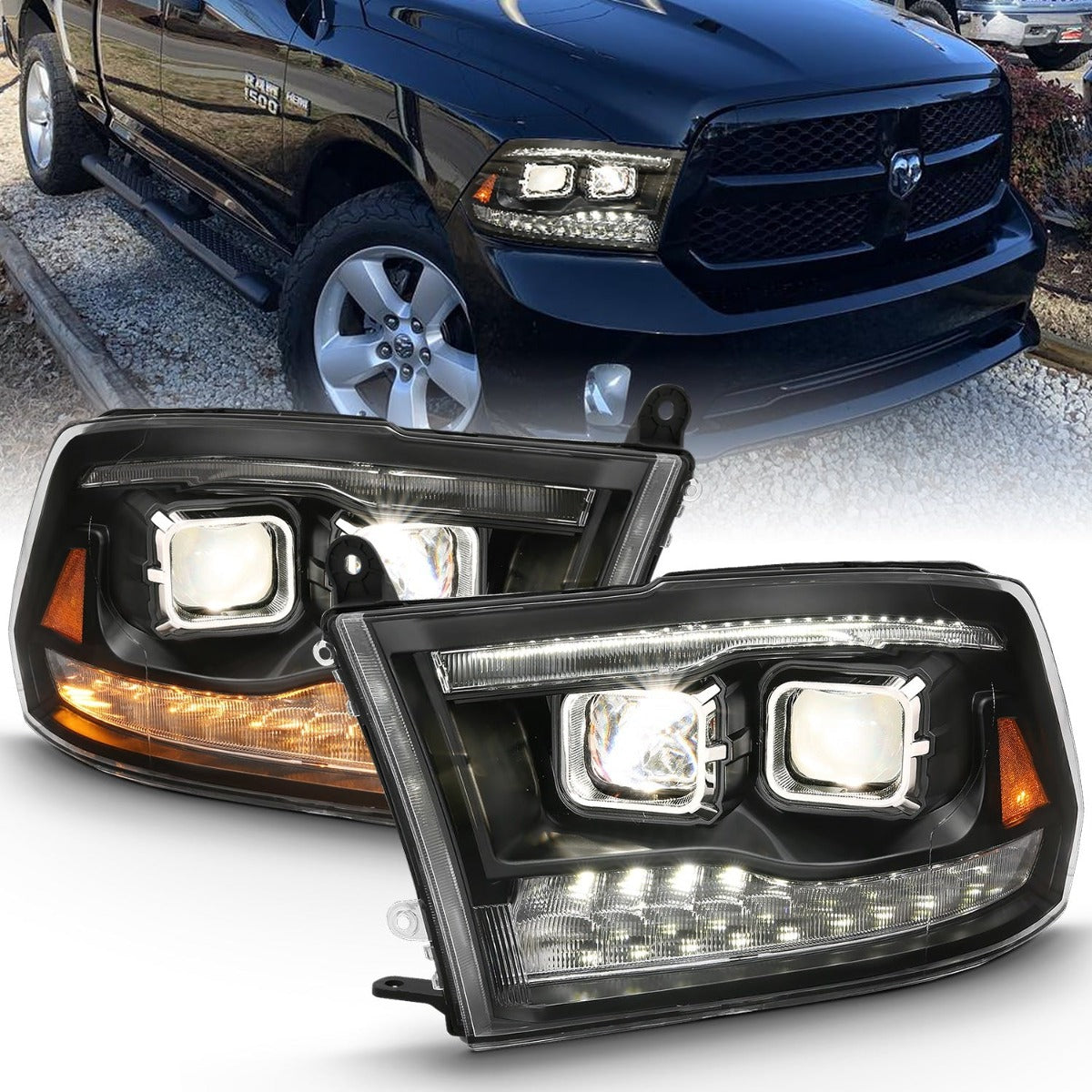 AnzoUSA 111464 LED Projector Plank Style Switchback Headlights Halo Black Amber (OE Style)