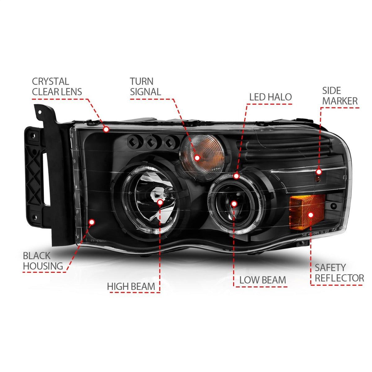 AnzoUSA 111490 Projector Headlights with Halo Black Clear Amber