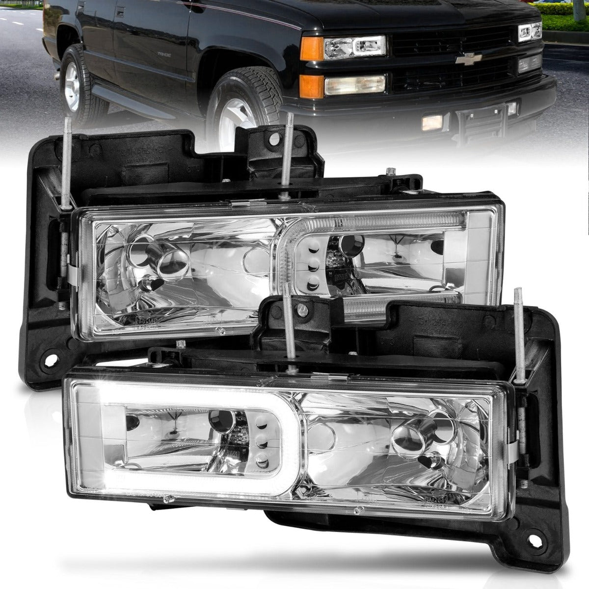 AnzoUSA 111499 Crystal Headlights with Light Bar Black Housing