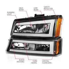 AnzoUSA 111501 Crystal Headlights with Light Bar Black Housing