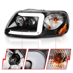 AnzoUSA 111503 Projector Headlights with Light Bar Black Housing