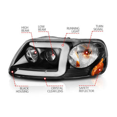 AnzoUSA 111503 Projector Headlights with Light Bar Black Housing