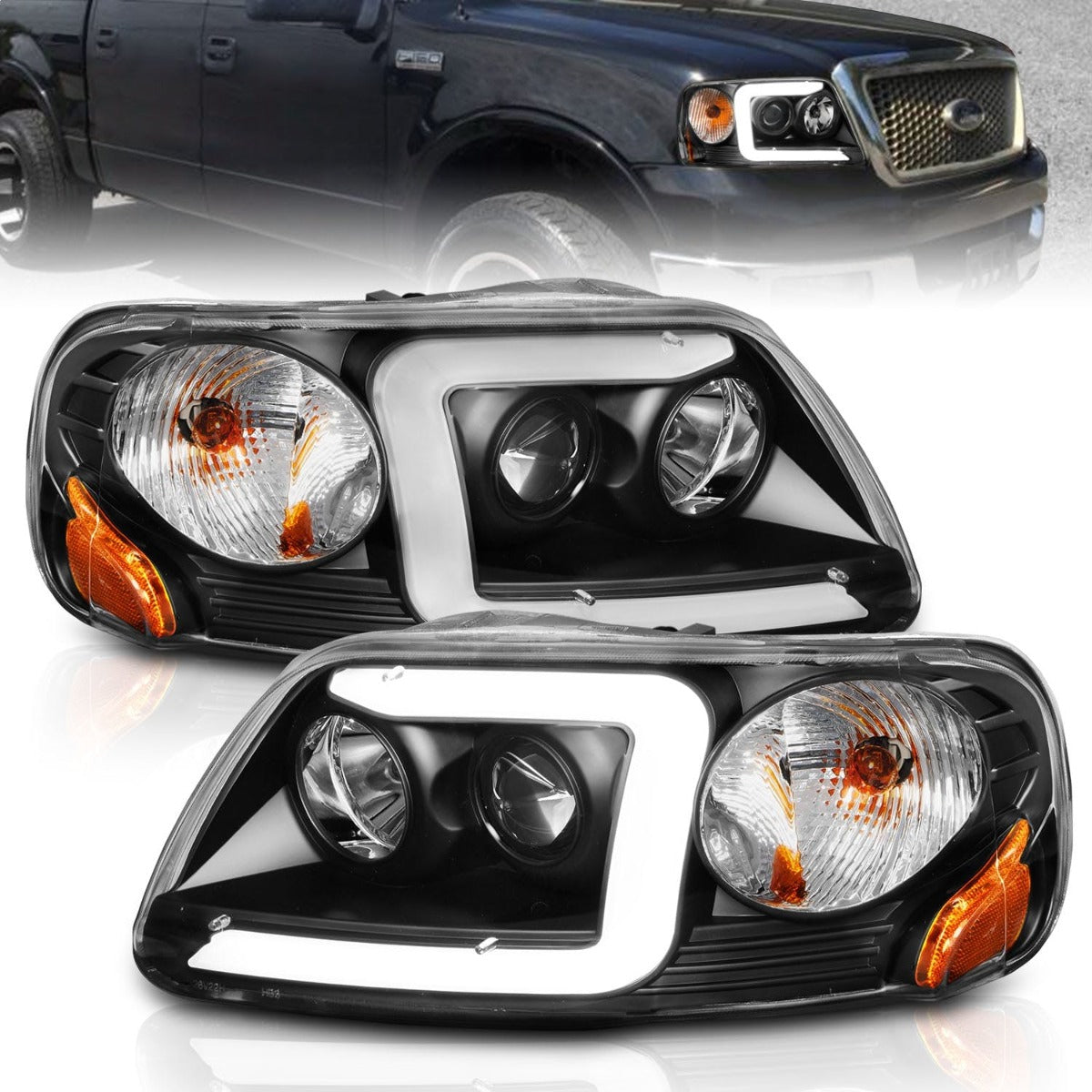 AnzoUSA 111503 Projector Headlights with Light Bar Black Housing
