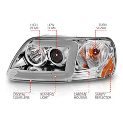 AnzoUSA 111504 Projector Headlights with Light Bar Chrome Housing