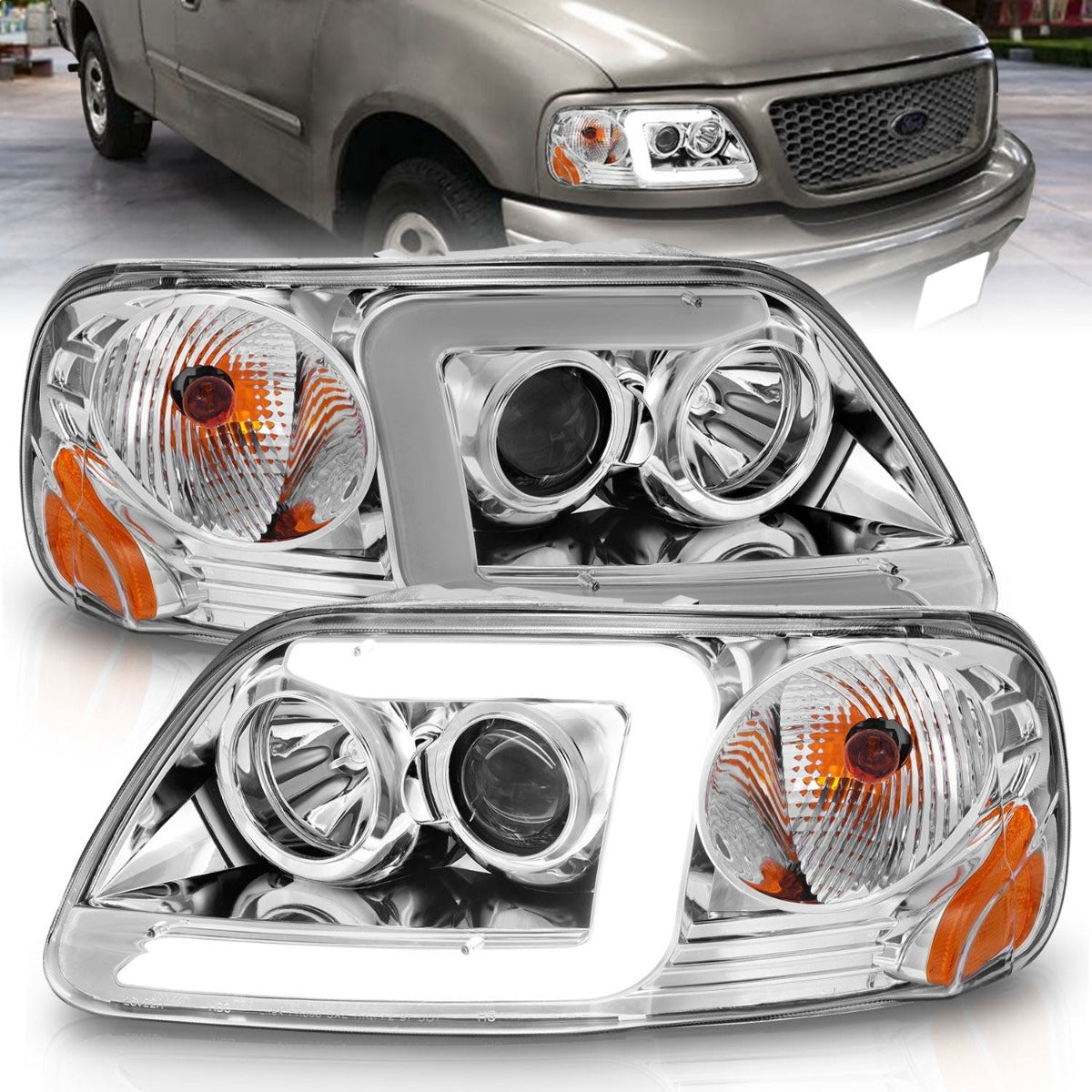 AnzoUSA 111504 Projector Headlights with Light Bar Chrome Housing