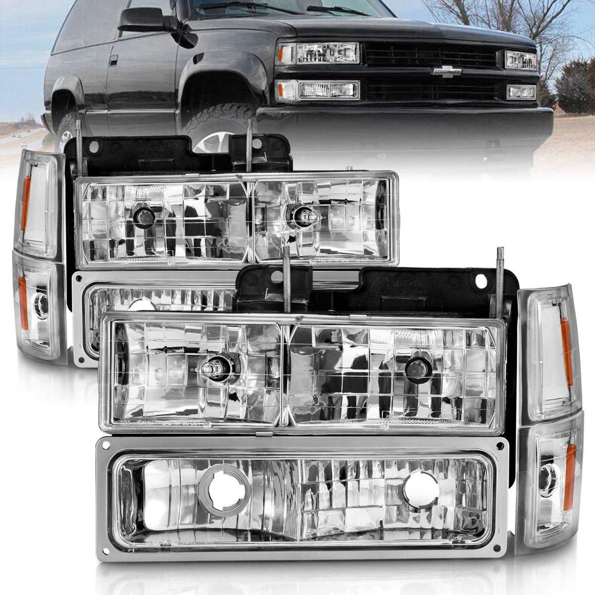 AnzoUSA 111506 Crystal Headlights Chrome Housing with Signal and Side Markers 8Pcs