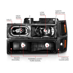 AnzoUSA 111507 Crystal Headlights Black Housing with Signal and Side Markers 8Pcs