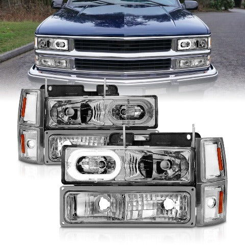 AnzoUSA 111508 Crystal Headlights with Halo Chrome Housing with Signal and Side Markers 8pc