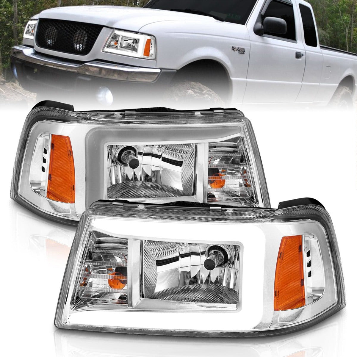 AnzoUSA 111512 Crystal Headlights with Light Bar Chrome Housing