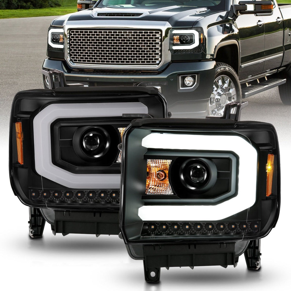 AnzoUSA 111513 Projector Headlights with Light Bar Black Housing (Halogen Type)