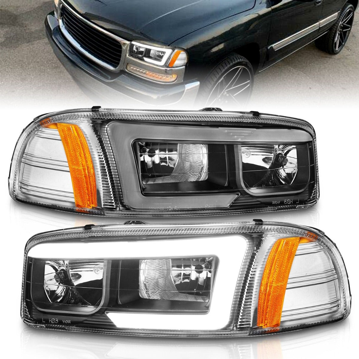 AnzoUSA 111522 Projector Headlights with Light Bar Black Housing