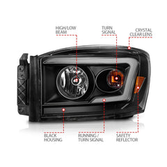 AnzoUSA 111526 Crystal Headlight with Light Bar Switchback Black Housing Clear Lens