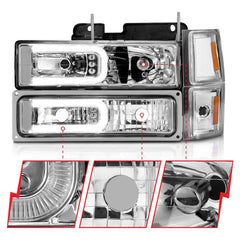 AnzoUSA 111529 Crystal Headlights with Light Bar Chrome Housing with Signal and Side Markers 8pc