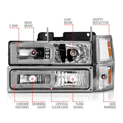 AnzoUSA 111529 Crystal Headlights with Light Bar Chrome Housing with Signal and Side Markers 8pc
