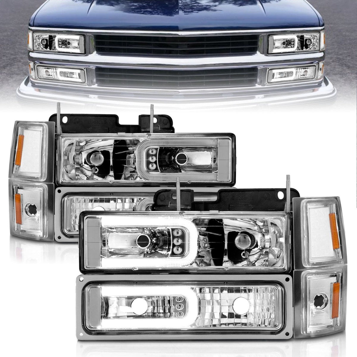 AnzoUSA 111529 Crystal Headlights with Light Bar Chrome Housing with Signal and Side Markers 8pc
