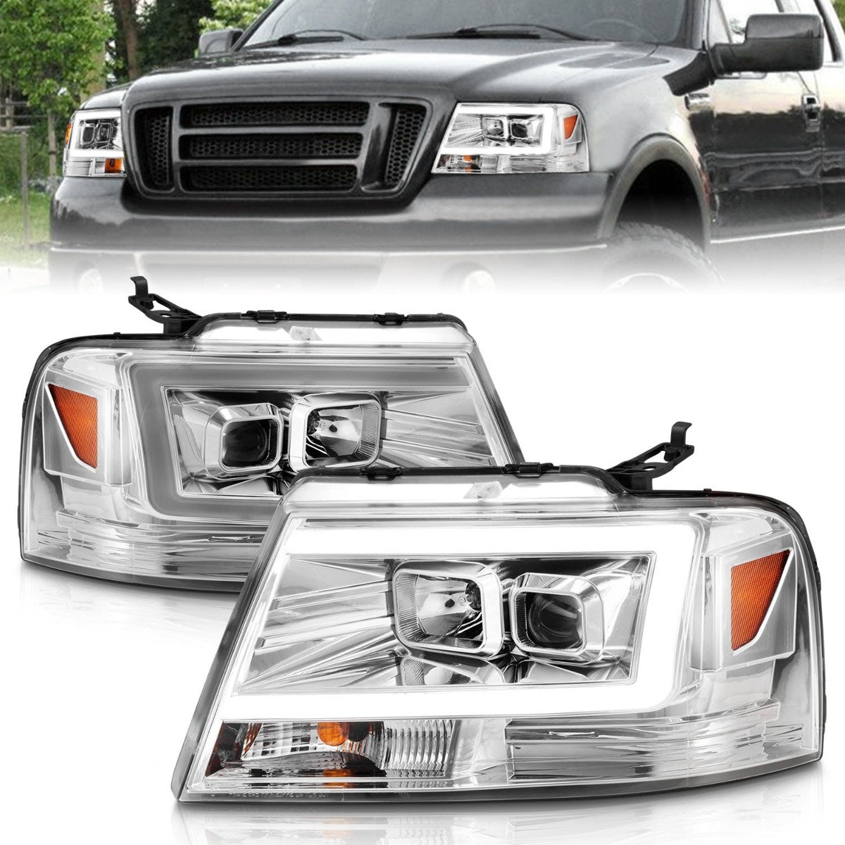 AnzoUSA 111542 Projector Headlights with Light Bar Chrome Housing