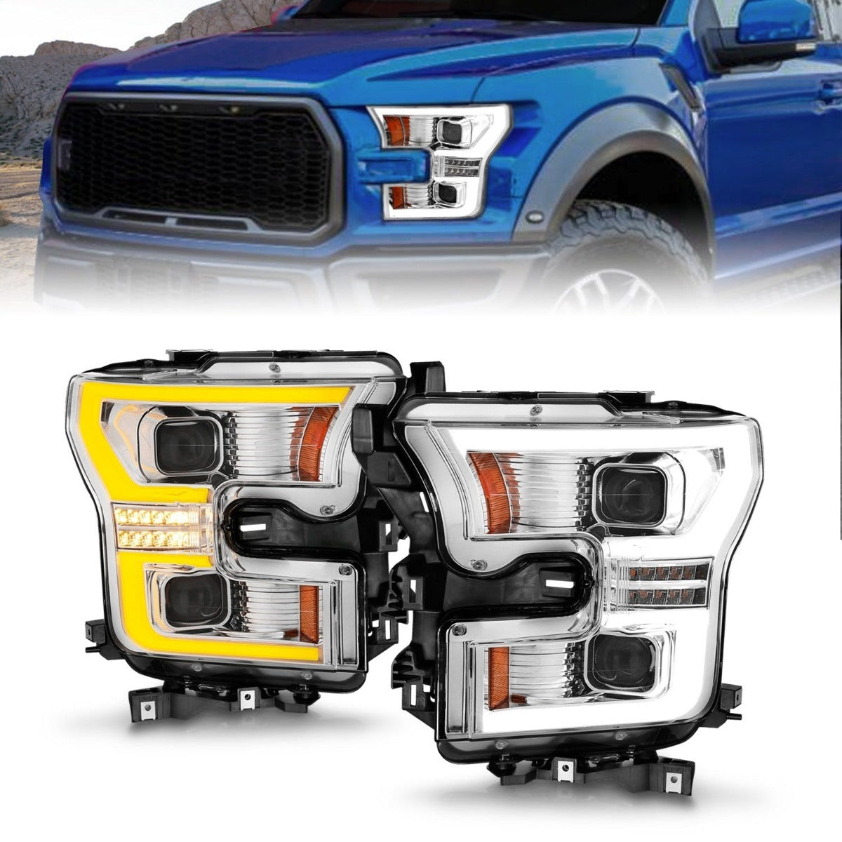 AnzoUSA 111548 Full LED Projector Headlights with Light Bar Switchback Chrome Housing