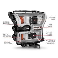 AnzoUSA 111548 Full LED Projector Headlights with Light Bar Switchback Chrome Housing