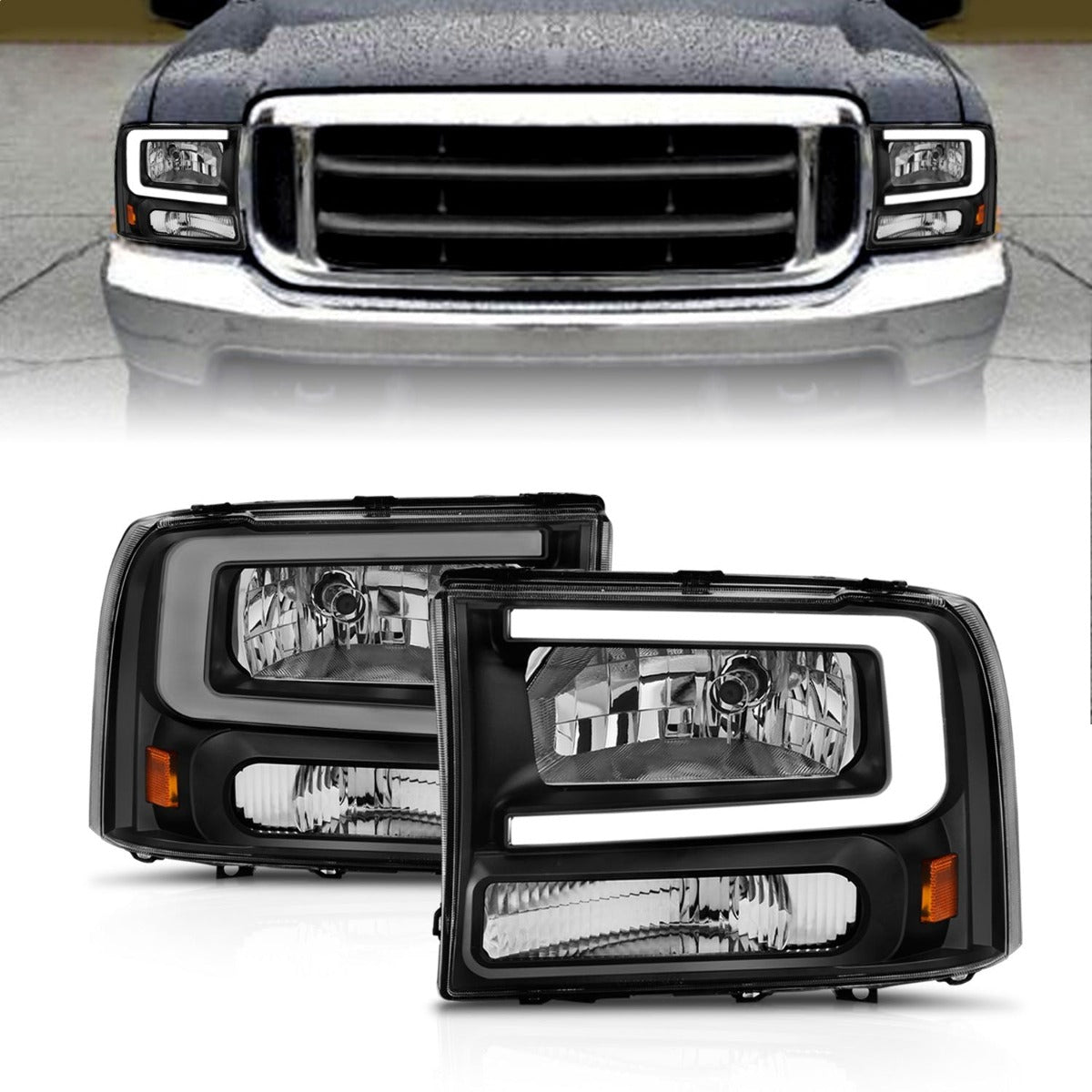 AnzoUSA 111549 Crystal Headlights with Light Bar Black Housing