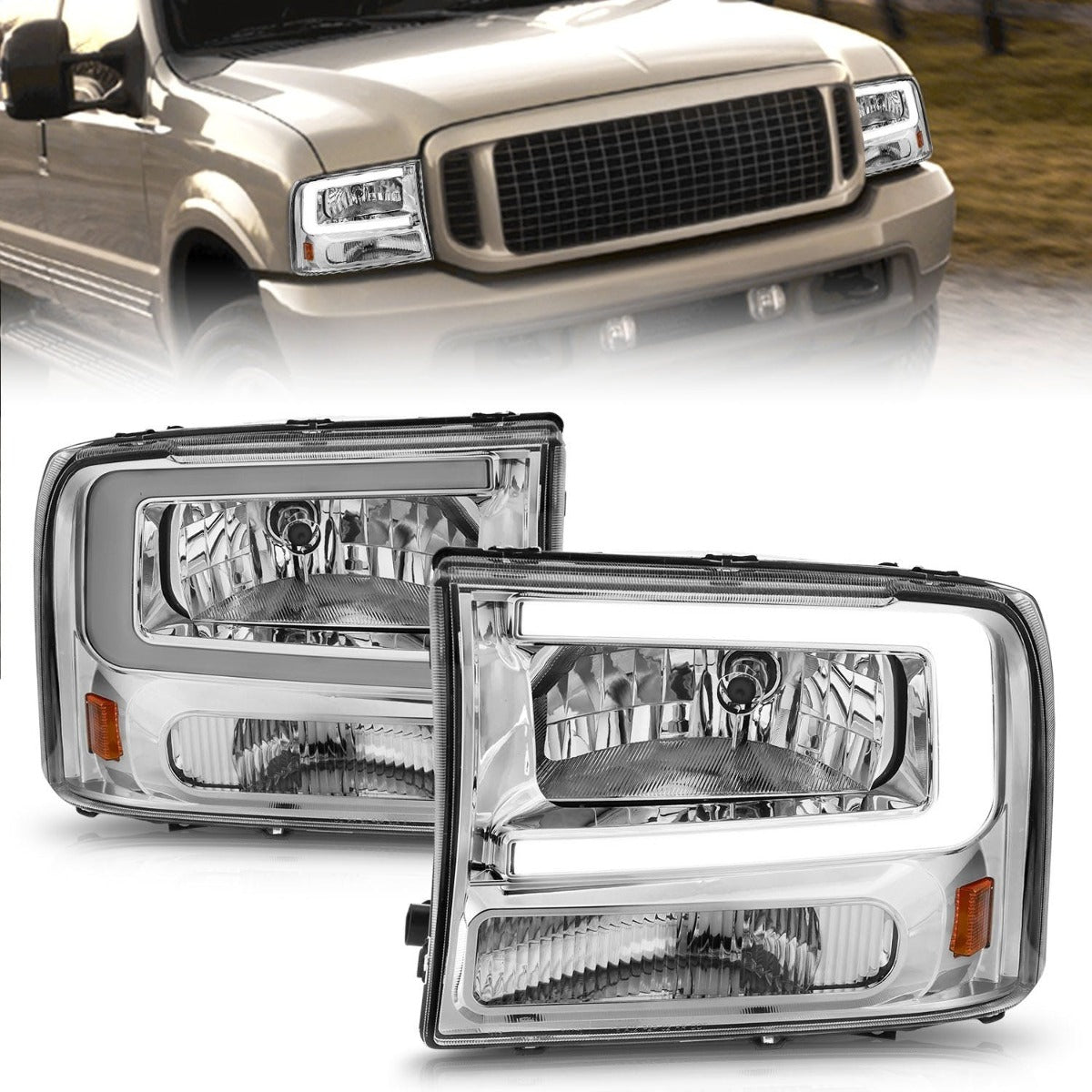 AnzoUSA 111550 Crystal Headlights with Light Bar Chrome Housing
