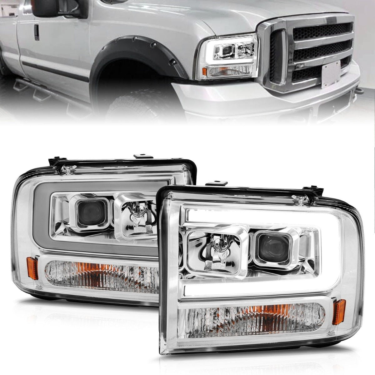 AnzoUSA 111552 Projector Headlights with Light Bar Chrome Housing