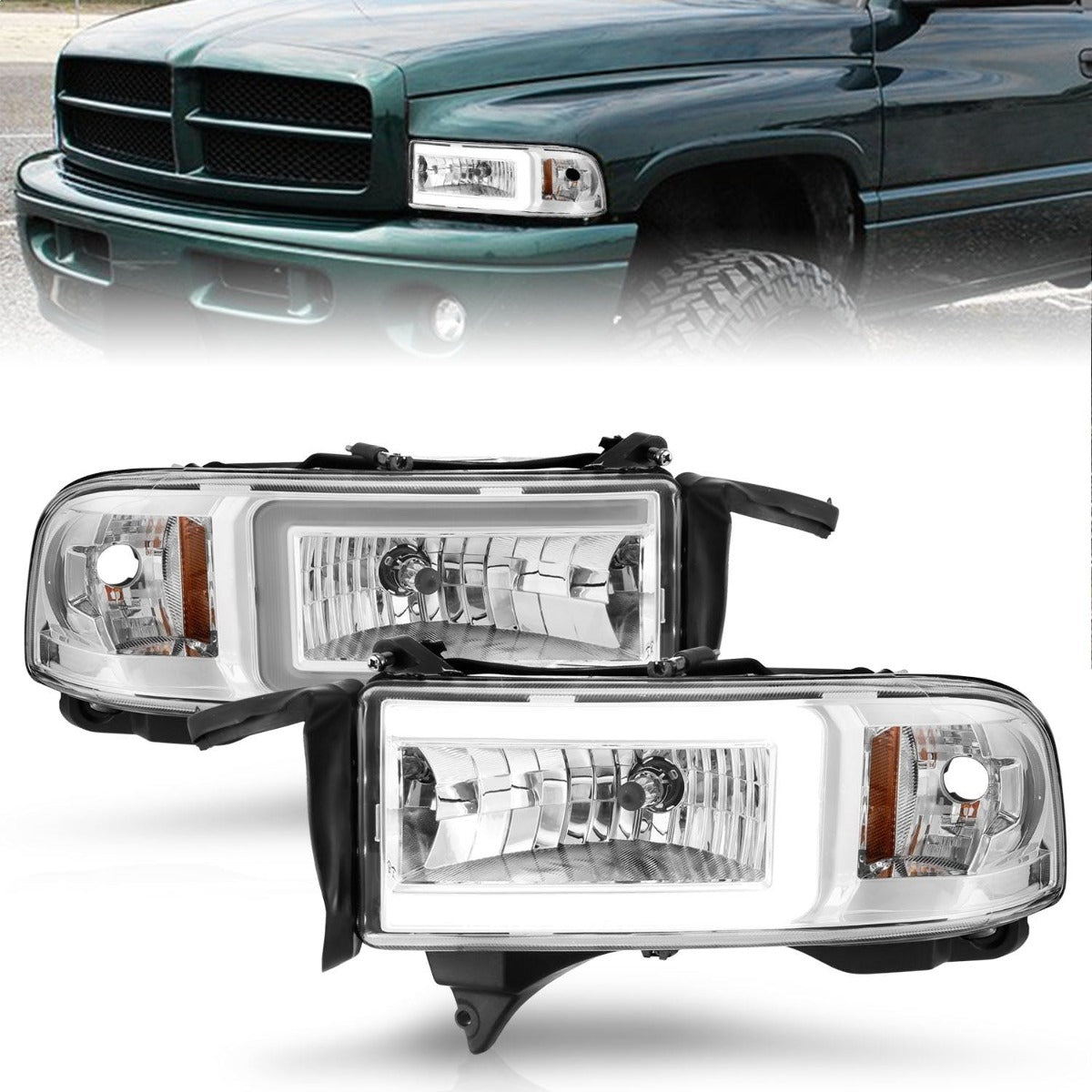 AnzoUSA 111555 Crystal Headlights with Light Bar Chrome Housing
