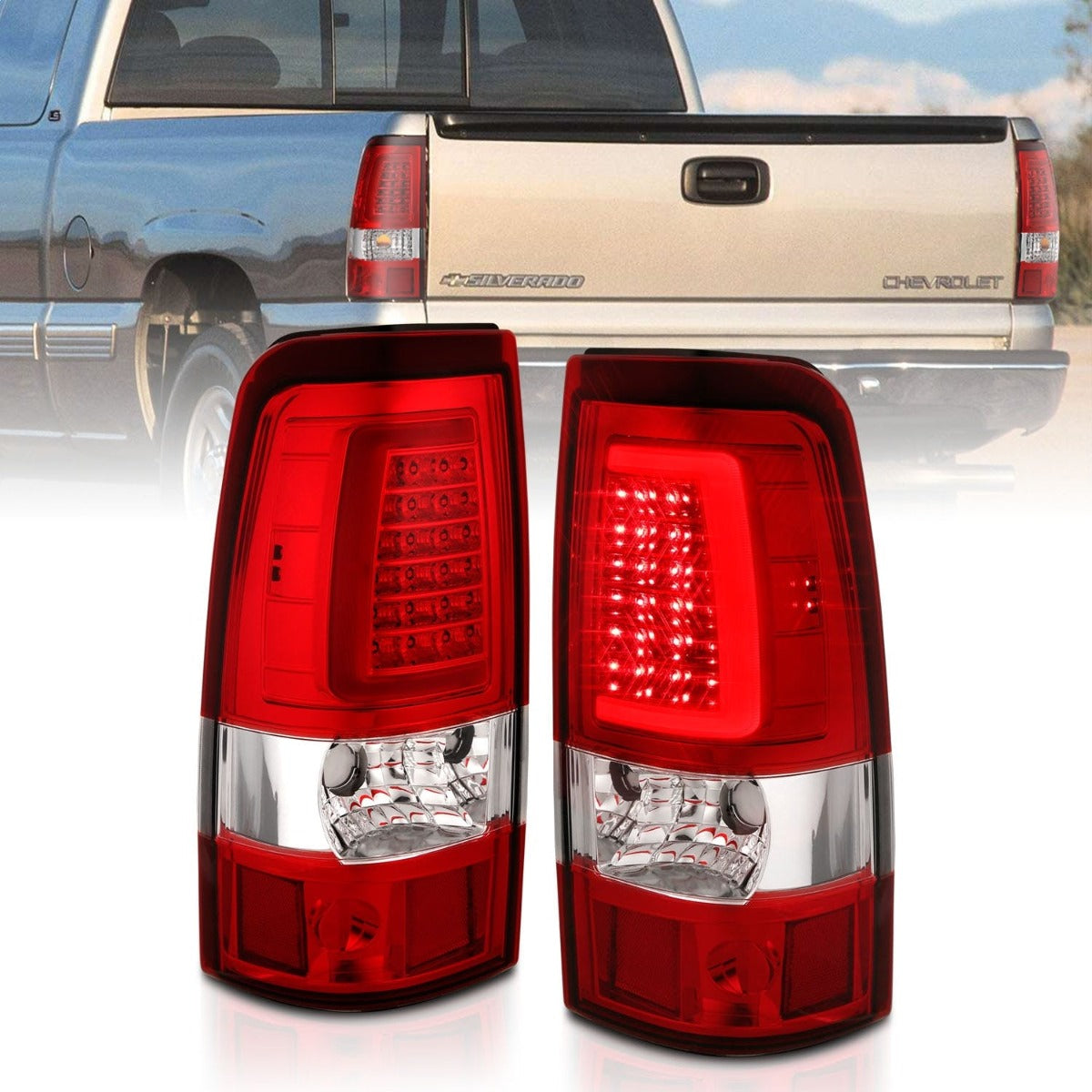 AnzoUSA 311335 LED Taillights Plank Style Chrome with Red/Clear Lens