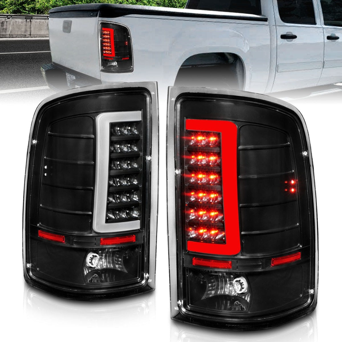 AnzoUSA 311388 LED Tail Lights with Light Bar Black Housing Clear Lens