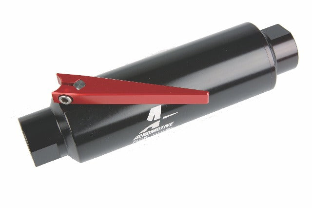 Aeromotive Fuel System 12331 Filter w/ Shutoff Valve, In-Line, AN-10, 100 micron stainless element, Black