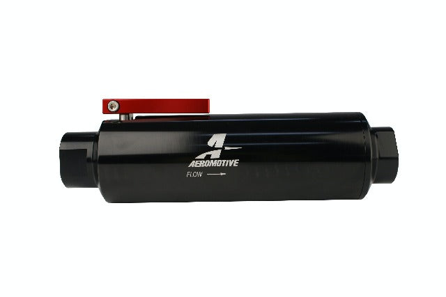 Aeromotive Fuel System 12332 Filter w/ Shutoff Valve, In-Line, AN-12, 100 micron stainless element, Black