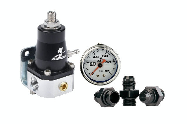 Aeromotive Fuel System 13130 Regulator Kit - (1)13129 EFI Bypass Regulator, (3)15606 Fittings, (1)15633 Guage