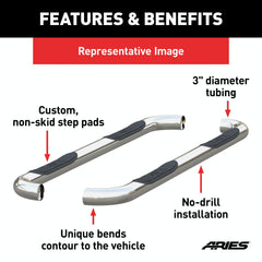 ARIES 203046-2 3" Round Polished Stainless Side Bars, Select Ford Ranger SuperCrew