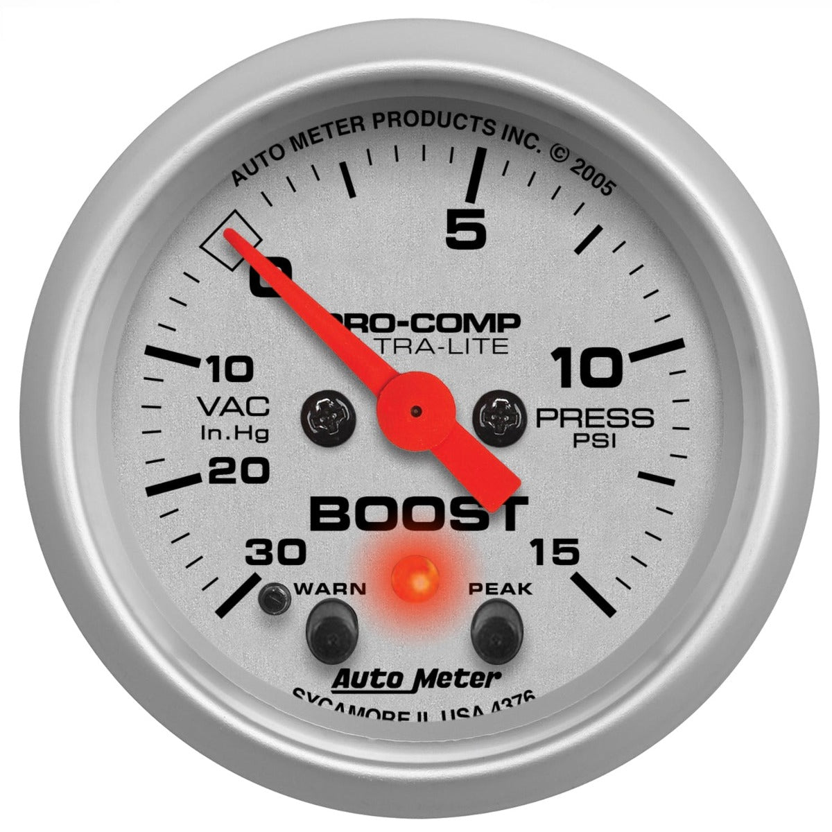 AutoMeter Products 4376 Gauge; Vac/Boost; 2 1/16in.; 30inHG-15psi; Stepper Motor w/Peak/Warn; Ultra-Lite