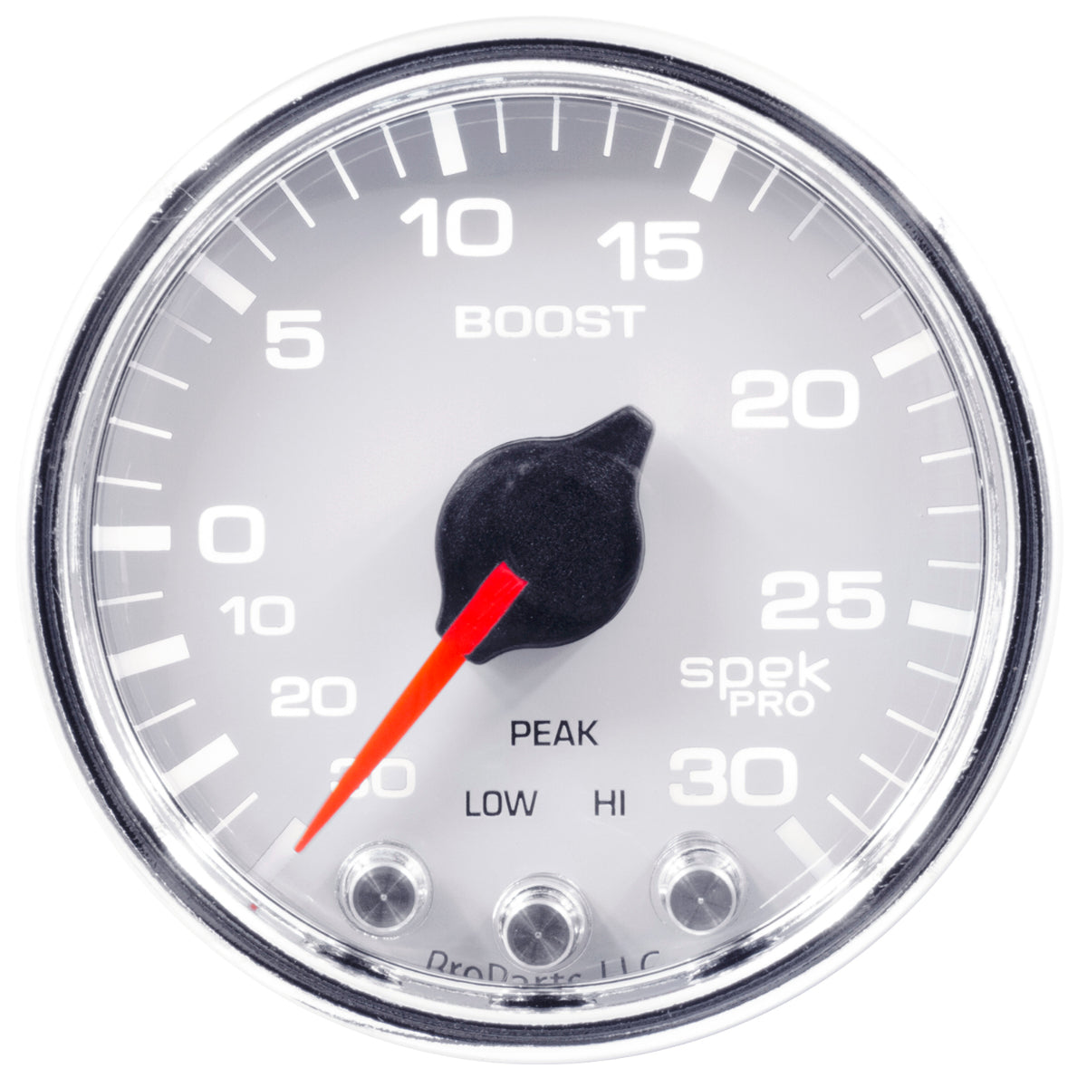 AutoMeter Products 2-1/16 in. BOOST/VACUUM, 30 IN HG/30 PSI, SPEK-PRO, WHITE/CHROME PN. P30211