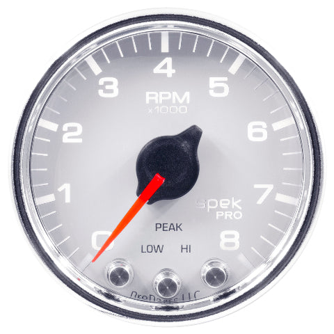 AutoMeter Products 2-1/16 in. IN-DASH TACHOMETER, 0-8,000 RPM, SPEK-PRO, WHITE/CHROME PN. P33411