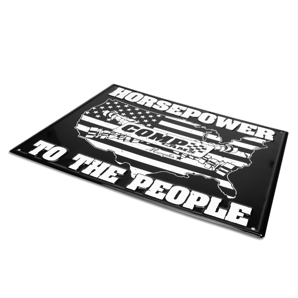 Competition Cams Horsepower To The People Black and White 16 inch x12 inch Tin Garage Sign COMP5-1043