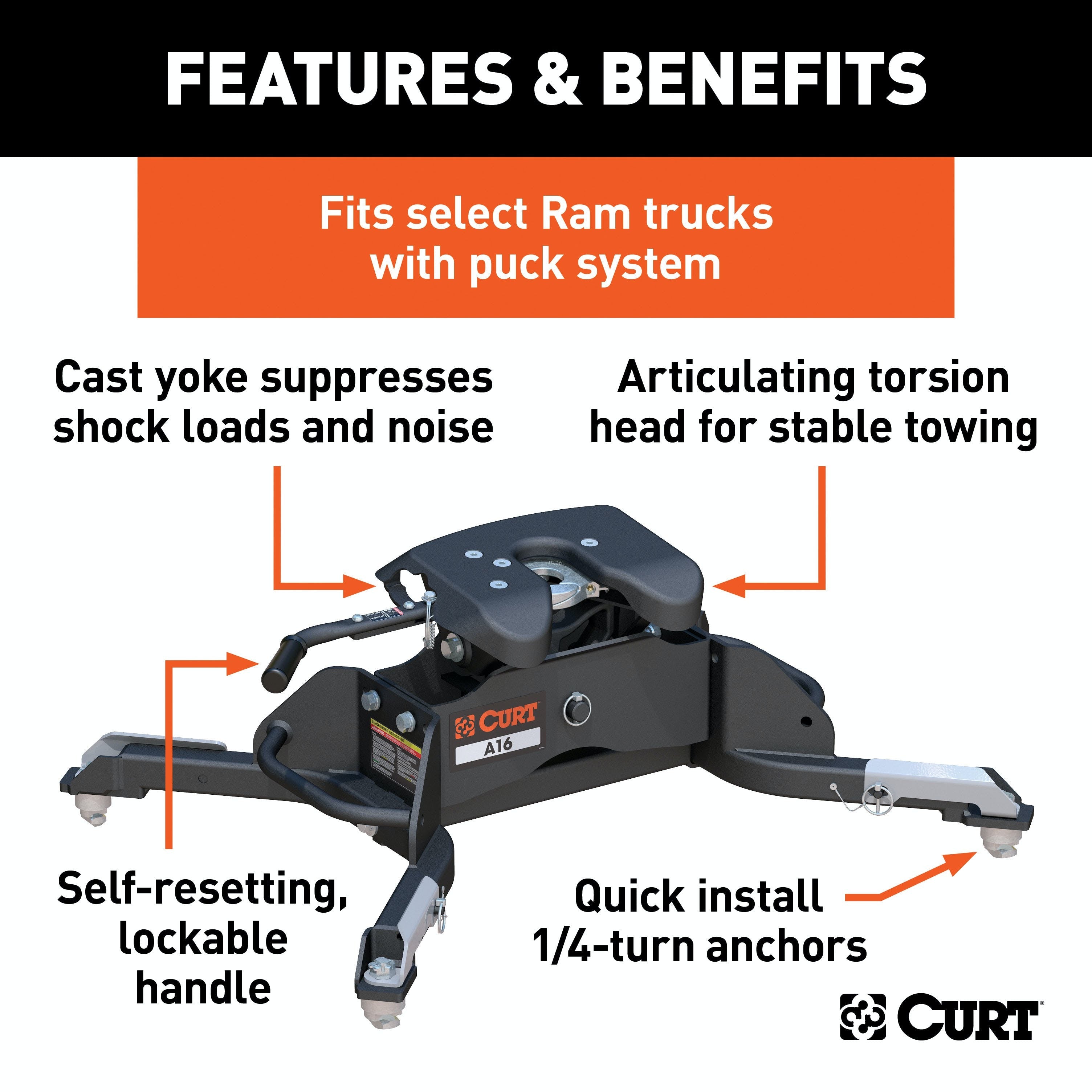 CURT 16043 A16 5th Wheel Hitch, Select Ram 2500, 3500, 8' Bed Puck System