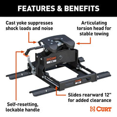 CURT 16053 A16 Sliding 5th Wheel Hitch with Rails, 16,000 lbs.